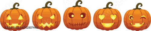 Set of five Halloween pumpkins with carved faces, jack-o'-lanterns, spooky expressions, festive autumn decorations, Halloween holiday, pumpkin art, cartoon pumpkins
