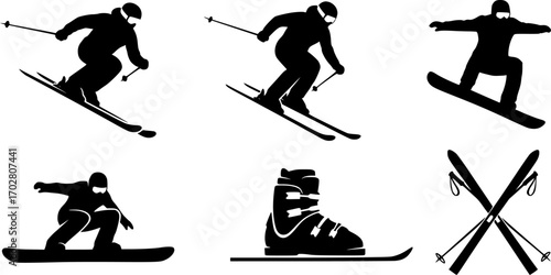 Skiing silhouette, Skier silhouette, Ski silhouette, Skier vector set, Skiing svg, Snowboarding silhouette, Winter sport silhouette