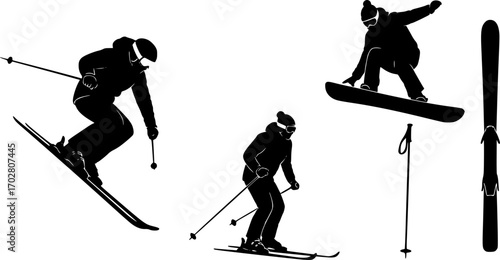 Skiing silhouette, Skier silhouette, Ski silhouette, Skier vector set, Skiing svg, Snowboarding silhouette, Winter sport silhouette
