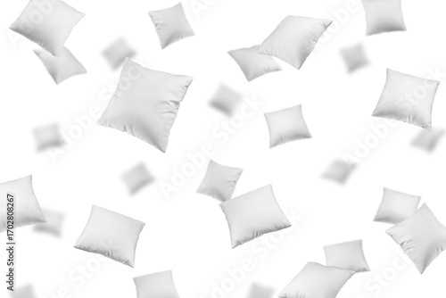 Falling Pillow isolated on white background, selective focus