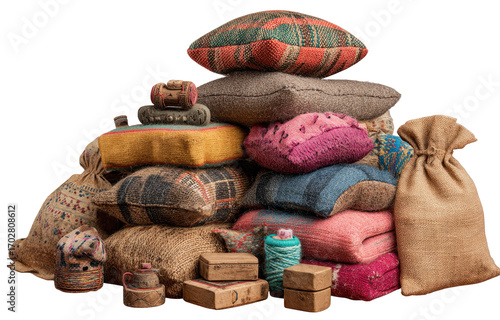 A stacked collection of textiles, pillows, and bags, showcasing rich colors and textures