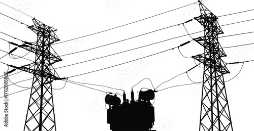 High-voltage transmission towers silhouette, electrical transformer, power lines, electrical infrastructure, energy distribution, utility poles, power grid, overhead wires, energy network
