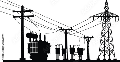 Power lines silhouette, electrical pylon, utility poles, transformers silhouette, electricity transmission, overhead wires, power grid vector, energy infrastructure