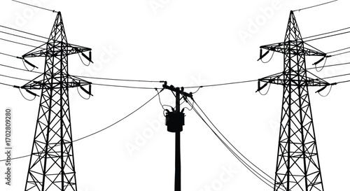 Electrical transmission towers silhouette, power lines, utility pole with transformer, high voltage cables, electric grid infrastructure, electricity distribution system