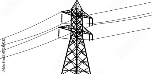 High voltage electricity tower, transmission pylon silhouette, power lines vector, energy infrastructure, electric tower drawing, black wire structure.