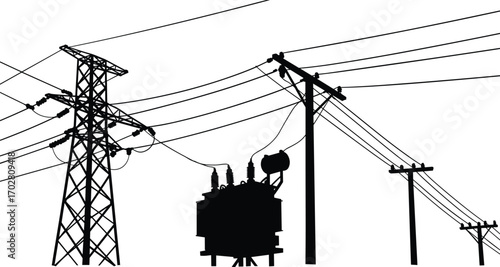 Silhouette of electricity poles, power lines, transformer, high voltage tower, electric grid, urban utility, energy infrastructure, distribution system, black and white.
