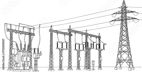 High voltage substation illustration, transformer station, electric grid infrastructure, power distribution equipment, transmission tower, energy supply network, line art.