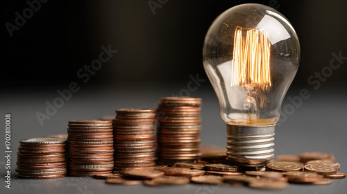Light bulb sits atop stack of coins, symbolizing connection between energy and finance. warm glow of bulb contrasts with metallic sheen of coins, creating thought provoking image about investment