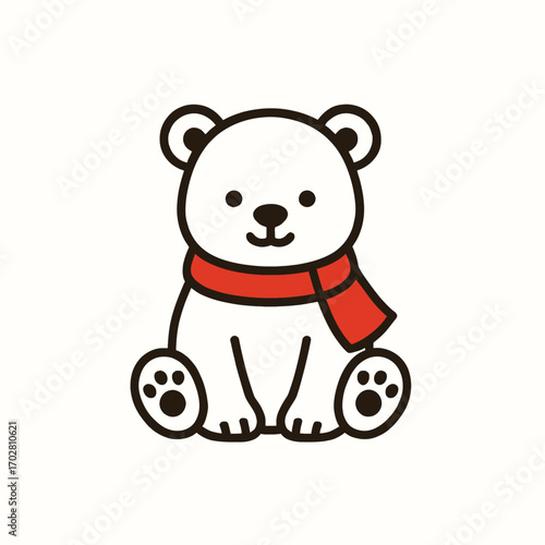 Adorable cartoon polar bear wearing a red scarf sits patiently