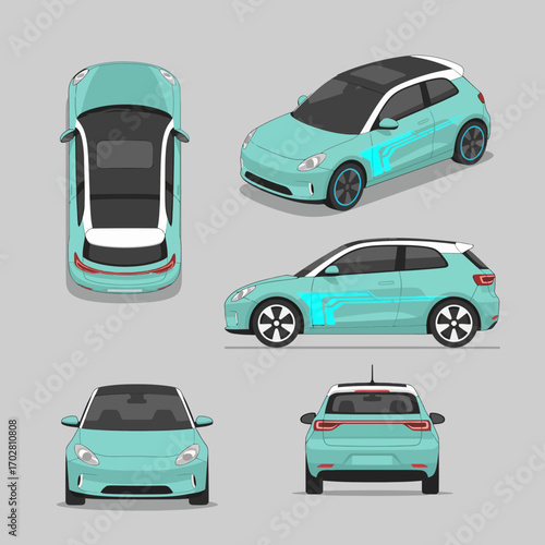 Vector illustration of a modern teal car from multiple angles  