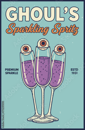 Ghoul's Sparkling Spritz cocktail illustration with eyeballs in glasses  