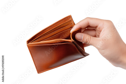 Empty brown leather wallet held open in a hand