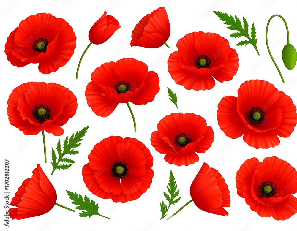 Obraz premium Elegant red poppy flower blooms and buds illustration set on a white backdrop