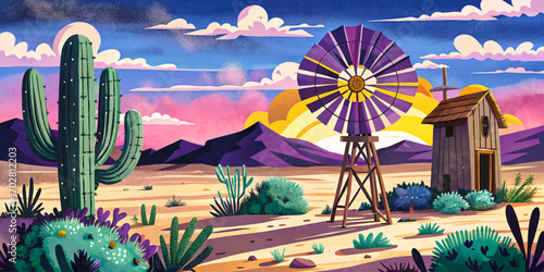 Old wooden windmill in dry desert prairie cartoon background, cactus and tumbleweed under hot western sun