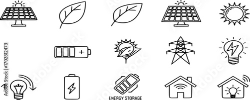 Solar Energy Icon Set Vector | Renewable Power, Sustainable Technology Collection | Solar panels, sustainability, Panel, sun, battery, pylon, generation, storage, smart home, outline illustration