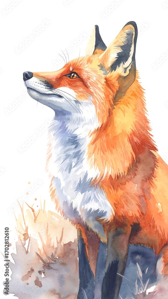 Obraz premium Watercolor fox portrait, looking up