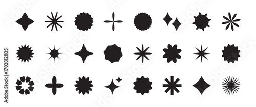 Star shape icon, badge star, sticker starburst. Sale price tag, retro glitter light symbol, abstract shiny element. Sparkle sticker, burst sun label isolated on white background. Vector illustration