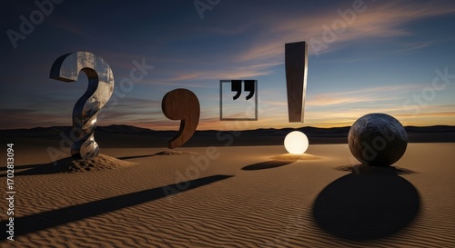 Punctuation symbols rise from desert sands at sunset. Question, comma, quotation, exclamation marks cast long shadows. Glowing sphere highlights writing grammar value and communication clarity.