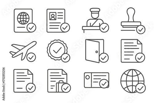 Travel Document Icons. Line style icons of visa and travel approvals: approved passport, accepted visa application, customs
