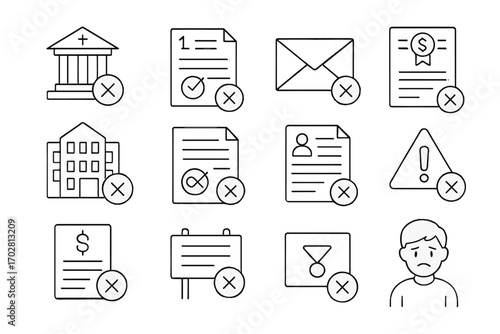 Academic Rejection Icons. Line style icons of academic rejections: declined university application, failed entrance test,
