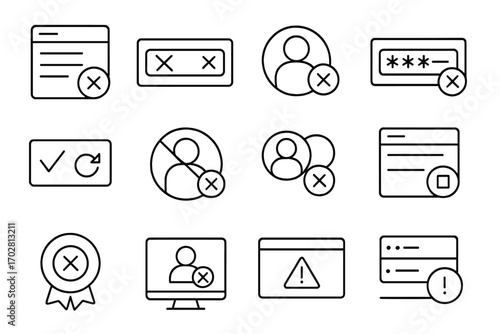 User Registration Rejections. Line style icons of user registration rejections: failed sign-up form, red cross email input,