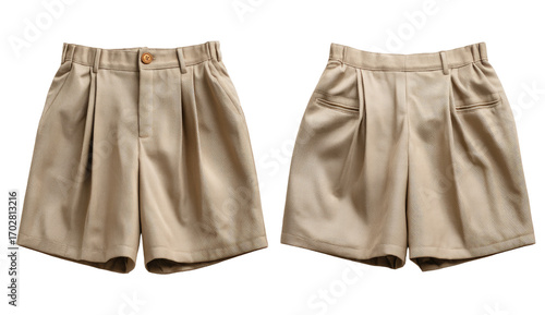 Beige pleated shorts, front and back views, on a plain background