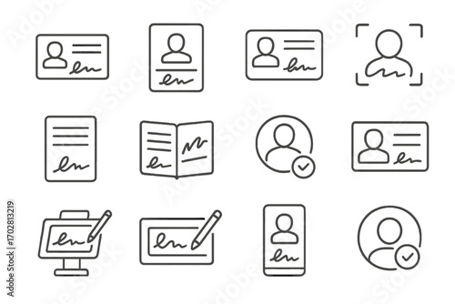 Iconic Identity Signatures. Line style icons of identity signatures: ID card with signature, passport signed page, driver license