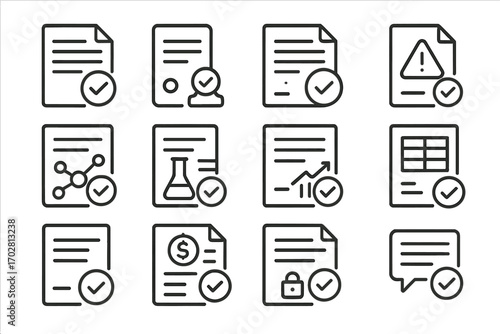 Scientific Approval Icons. Line style icons of scientific paper approvals: peer review approved note, editorial confirmation,