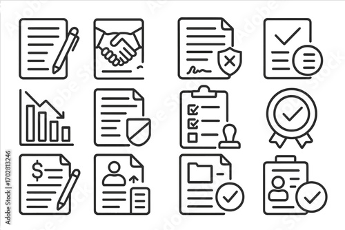 Termination Agreement Icons. Line style icons of termination agreements: resignation agreement form, mutual termination paper, end