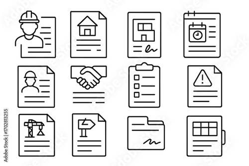 Construction Contract Icons. Line style icons of construction contracts: contractor agreement file, building permit form,