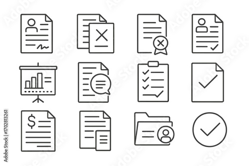 Termination Agreement Icons. Line style icons of termination agreements: resignation agreement form, mutual termination paper, end