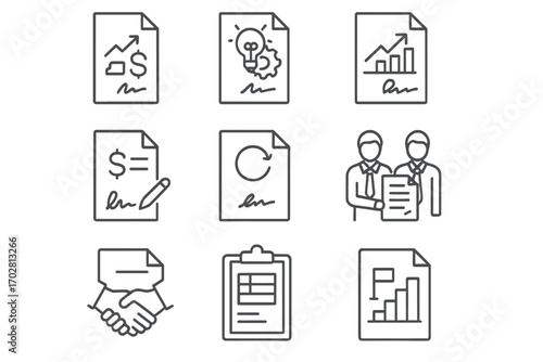 Investor Contract Icons. Line style icons of investor contracts: funding agreement file, venture capital contract, equity clause
