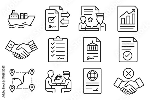 International Trade Icons. Line style icons of international trade negotiations: cargo ship with contract, export-import agreement