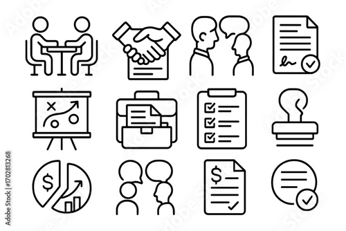 Business Negotiation Icons. Line style icons of business negotiations: two people at meeting table, handshake over contract,