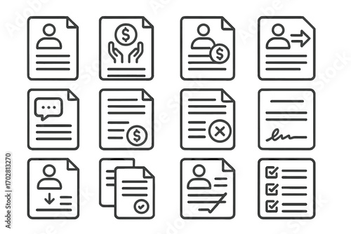 Exit Contract Icons. Line style icons of exit contracts: resignation document, severance agreement file, final settlement contract