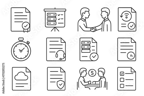 IT Service Icons. Line style icons of IT service negotiations: SLA document icon, server terms chart, IT manager handshake, uptime