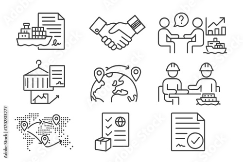 International Trade Icons. Line style icons of international trade negotiations: cargo ship with contract, export-import agreement