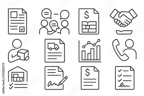 Procurement Icon Set. Line style icons of procurement negotiations: purchase order form, sourcing document discussion, cost