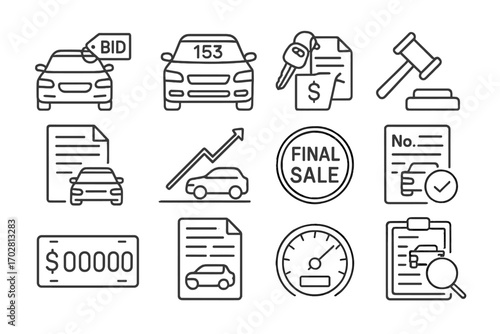 Vehicle Auction Icons. Line style icons of vehicle bidding: car with bid tag, auction lot number on windshield, keys with offer