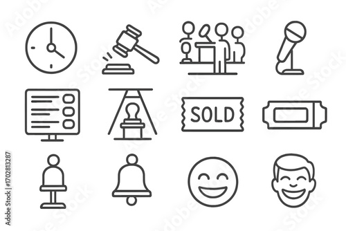 Auction Line Icons. Line style icons of live auction events: countdown clock icon, gavel in motion, room with bidders, paddle
