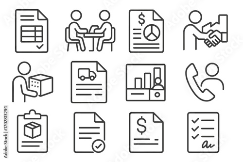 Procurement Icon Set. Line style icons of procurement negotiations: purchase order form, sourcing document discussion, cost