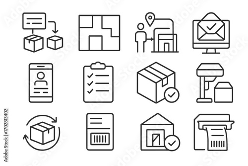 Warehouse Operations Icons. Line style icons of fulfillment warehouse operations: pick-pack-ship chart, zone picking map, packing