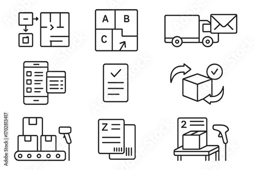 Warehouse Operations Icons. Line style icons of fulfillment warehouse operations: pick-pack-ship chart, zone picking map, packing