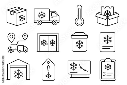 Cold Chain Icons. Line style icons of cold chain logistics: snowflake on box icon, refrigerated truck, temperature monitor display