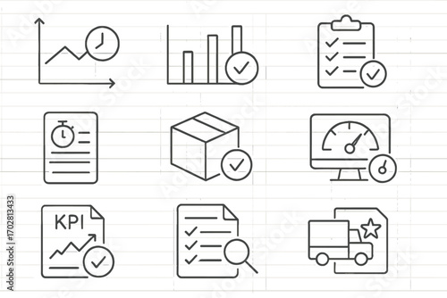 Logistics KPI Icons. Line style icons of logistics KPIs: on-time delivery graph, shipping cost chart, fulfillment rate icon,