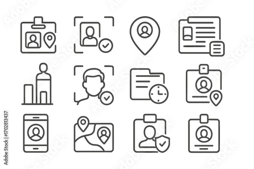 People Tracking Icons. Line style icons of people tracking systems: ID badge with location, attendance scan icon, staff location