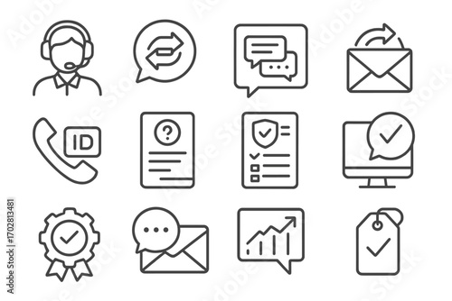 Customer Service Icons. Line style icons of customer service for exchanges: support agent with headset, exchange inquiry message,