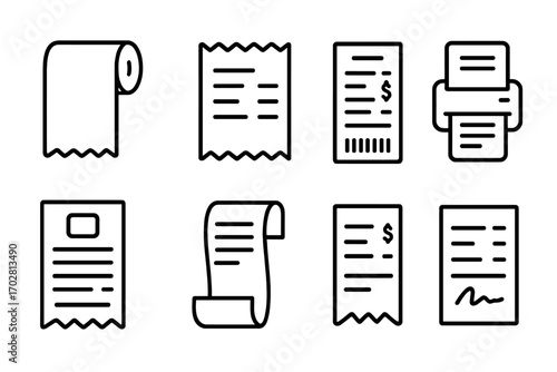 Receipt Icons Collection. Line style icons of paper receipts: printed receipt roll, torn paper receipt icon, itemized list with