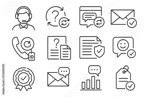 Customer Service Icons. Line style icons of customer service for exchanges: support agent with headset, exchange inquiry message,