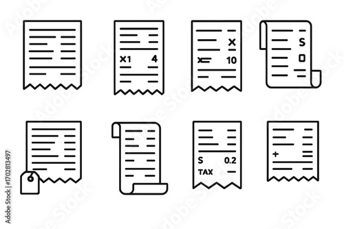 Detailed Receipt Icons. Line style icons of itemized receipts: receipt with detailed lines, category subtotal sections, products